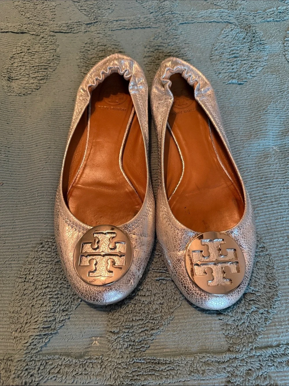 Tory Burch Metallic Silver Riva Logo Ballet Flats
